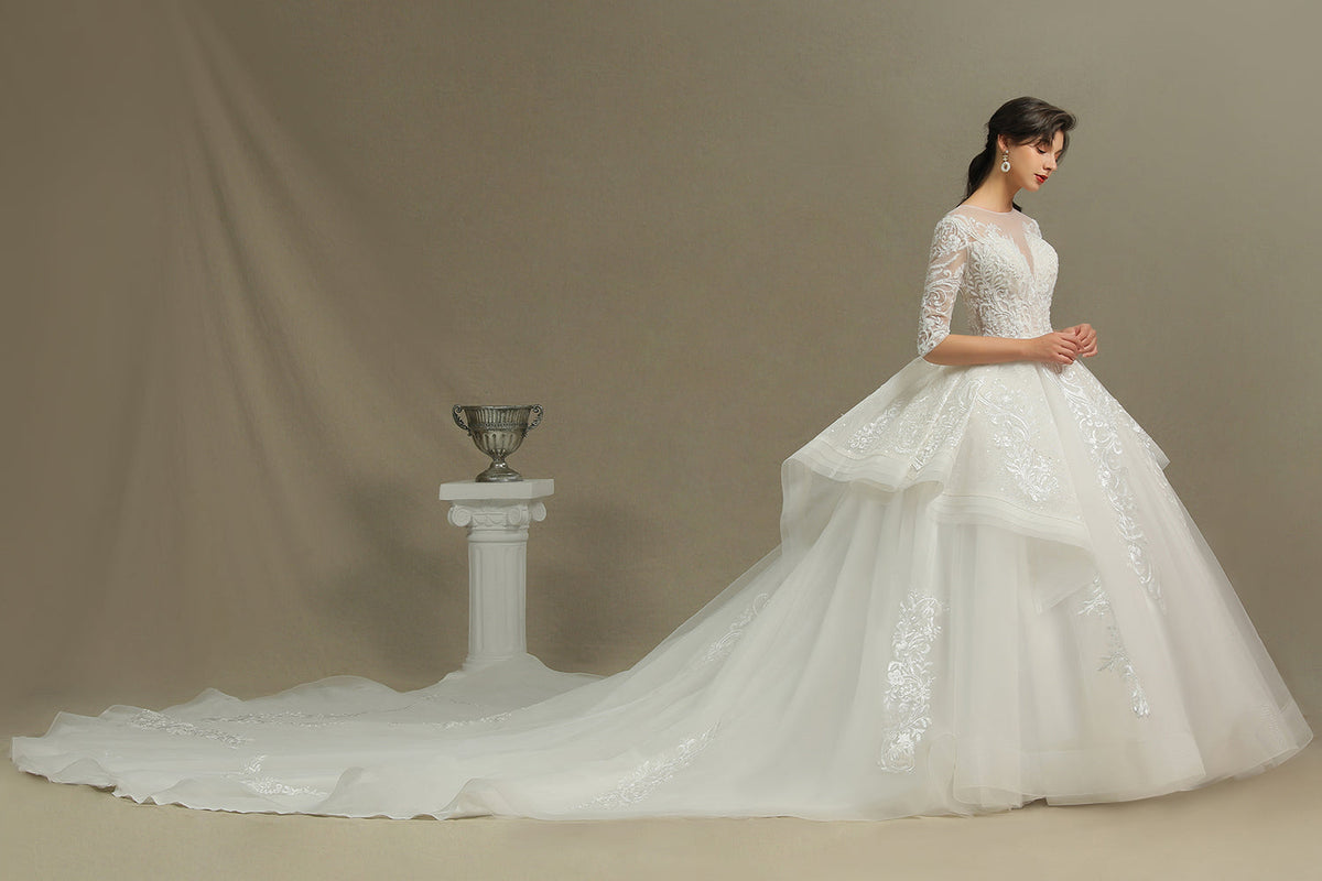 Luxury Floral Lace Bridal Gown Crew Neck Long Sleeves Aline Spring Garden Ball Gown