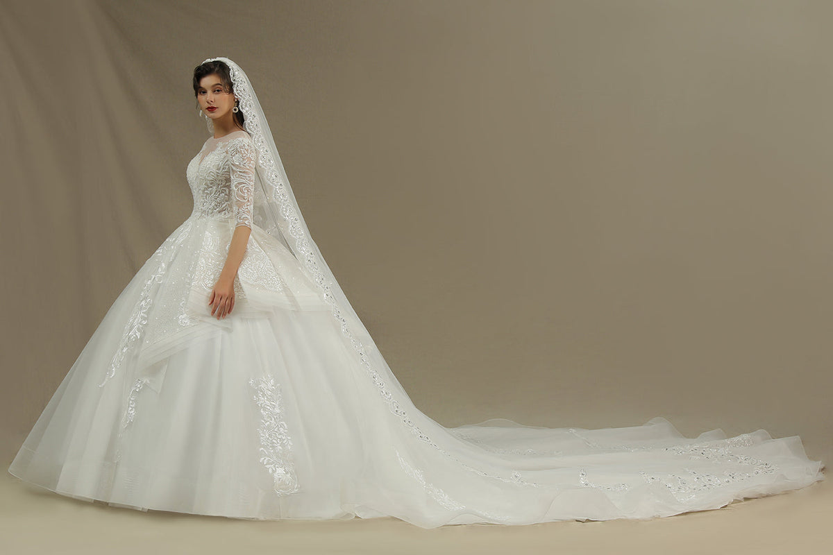 Luxury Floral Lace Bridal Gown Crew Neck Long Sleeves Aline Spring Garden Ball Gown
