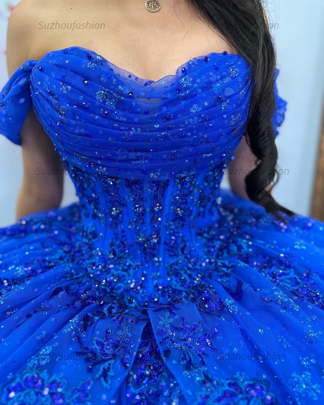 Luxury & Glamorous Ball Gown Off Shoulder Lace Appliques Beaded Tiered Glitter Ruffles Royal Blue Tulle Quinceanera Dress Evening Party Gown For Sweet 16