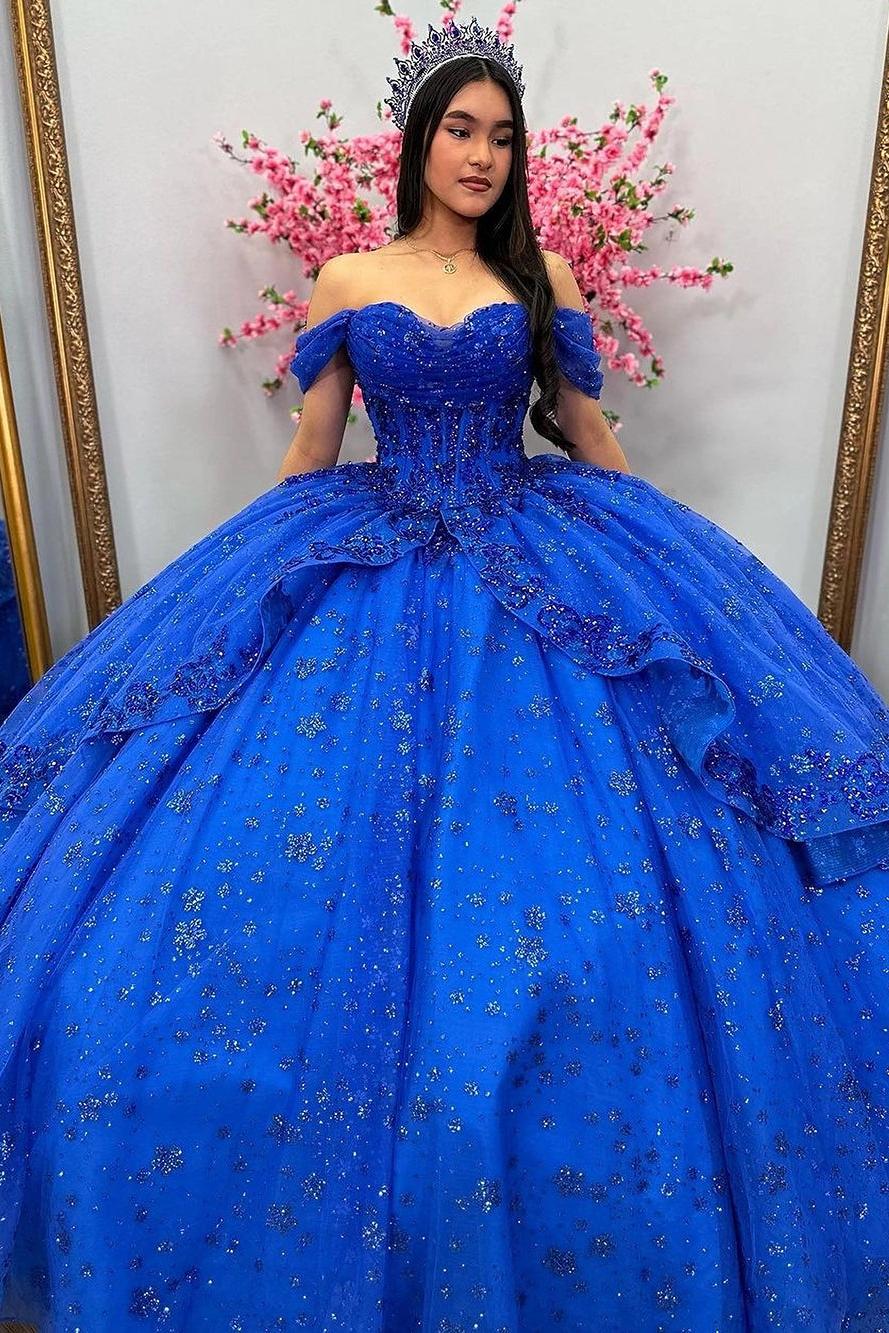Luxury & Glamorous Ball Gown Off Shoulder Lace Appliques Beaded Tiered Glitter Ruffles Royal Blue Tulle Quinceanera Dress Evening Party Gown For Sweet 16