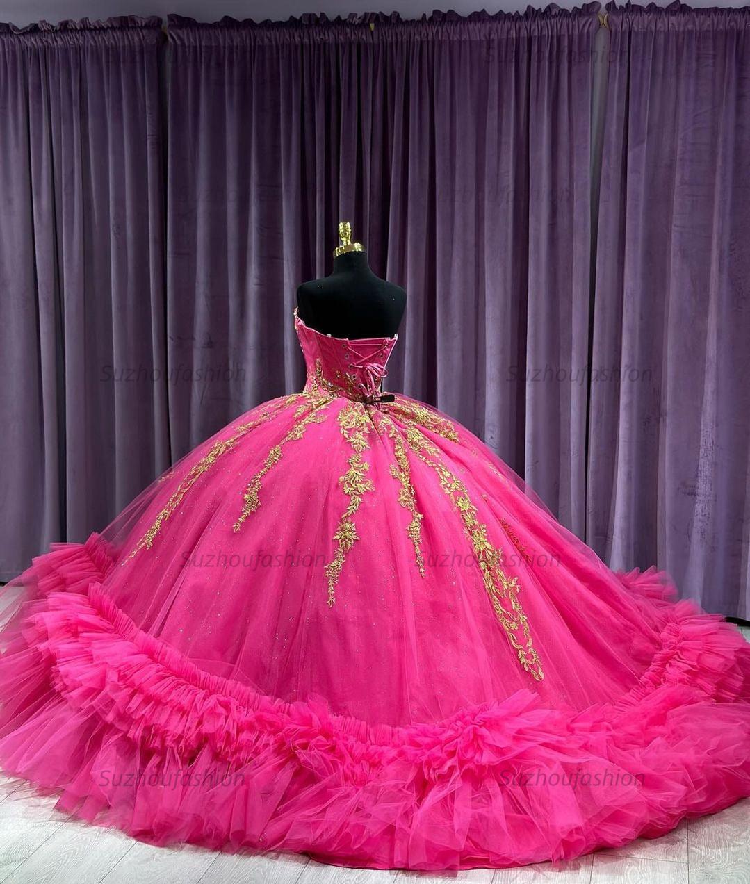 Luxury & Glamorous Ball Gown Strapless Gold Lace Appliques Tiered Ruffle Beaded Hot Pink Tulle Quinceanera Dress Birthday Party Gown For Sweet 16