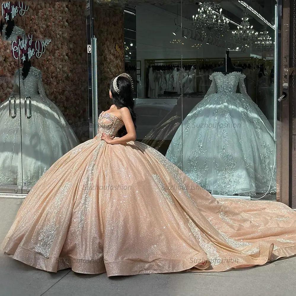Luxury & Glamorous Ball Gown Sweetheart Neck Sleeveless Lace Applique Beaded Champagne Sequins Quinceanera Dress For Sweet 16