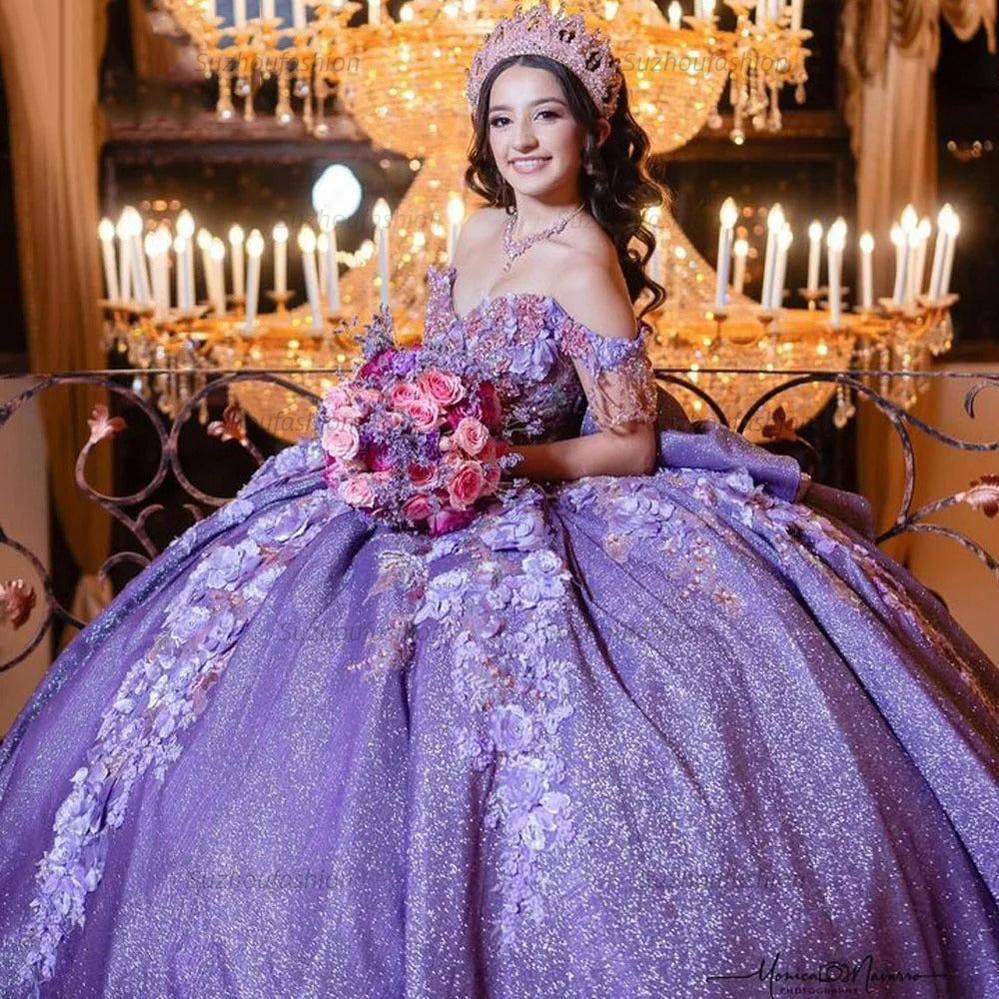 Luxury & Glitter Ball Gown Off Shoulder Beaded 3D Floral Lace Applique Tiered Ruffles Purple Sequins Quinceanera Dress Birthday Party Gown For Sweet 16