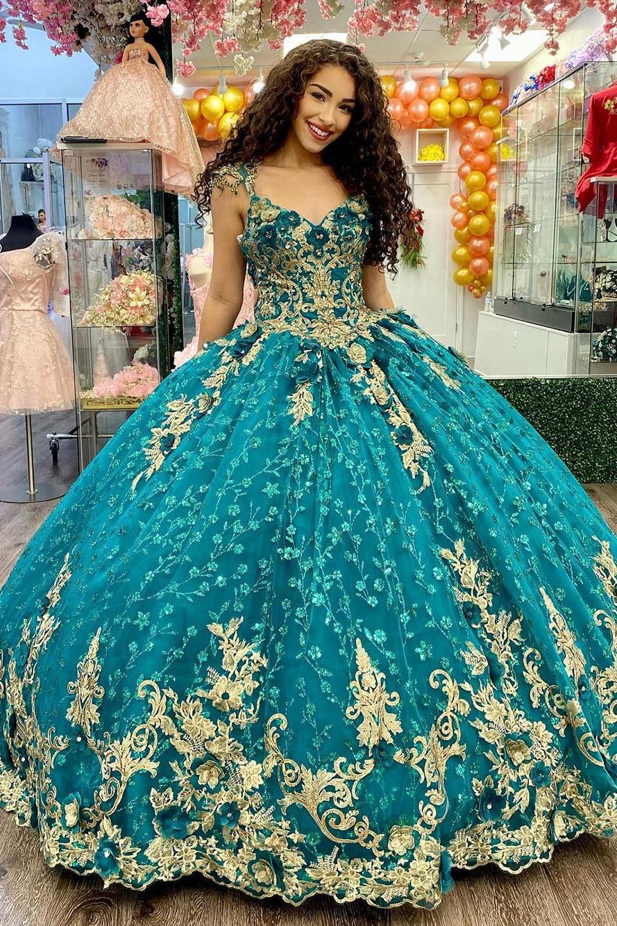 Luxury & Gorgeous Ball Gown V Neck Straps Gold Lace Appliques Sequined Beaded Hunter Green Tulle Quinceanera Dresses Princess Evening Party Gown For Sweet 16 Dress