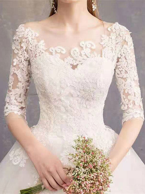 Luxury Half Sleeves Jewel Tulle Lace Appliques Ball Gown Wedding Dresses