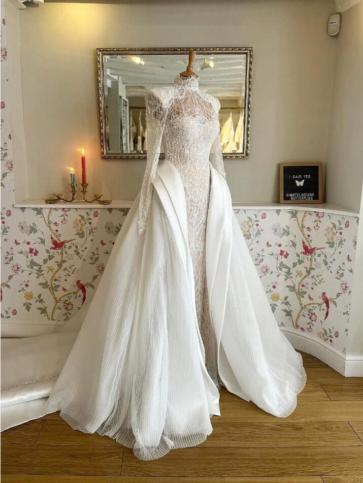 Suzhoufashion Luxury Long Sleeve Wedding Dress Beaded Mermaid High Neck Bridal Gown with Detachable Train