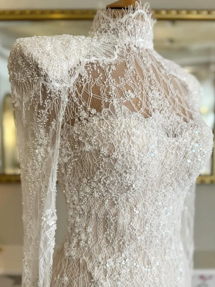 Suzhoufashion Luxury Long Sleeve Wedding Dress Beaded Mermaid High Neck Bridal Gown with Detachable Train