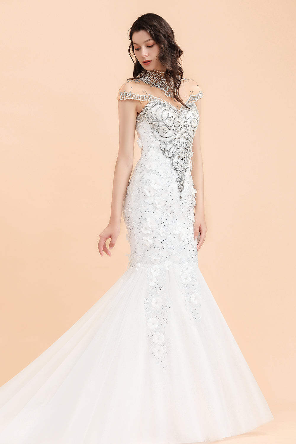 Luxury Mermaid Wedding Dress | Tulle Lace Sequins Sleeveless Bridal Gowns with Pearls