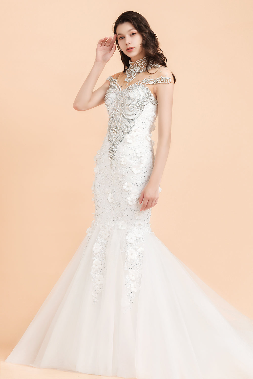 Luxury Mermaid Wedding Dress | Tulle Lace Sequins Sleeveless Bridal Gowns with Pearls