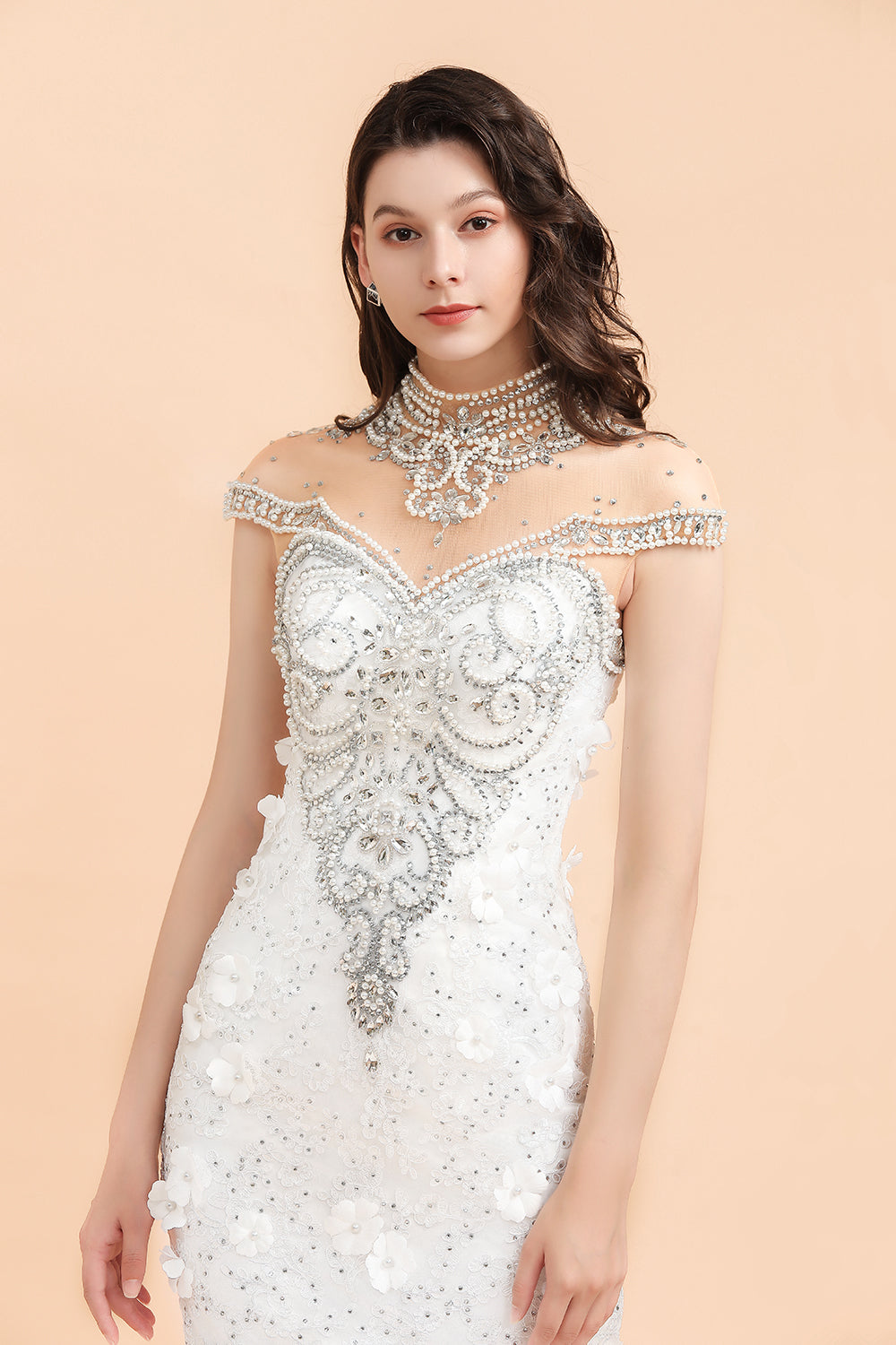 Luxury Mermaid Wedding Dress | Tulle Lace Sequins Sleeveless Bridal Gowns with Pearls