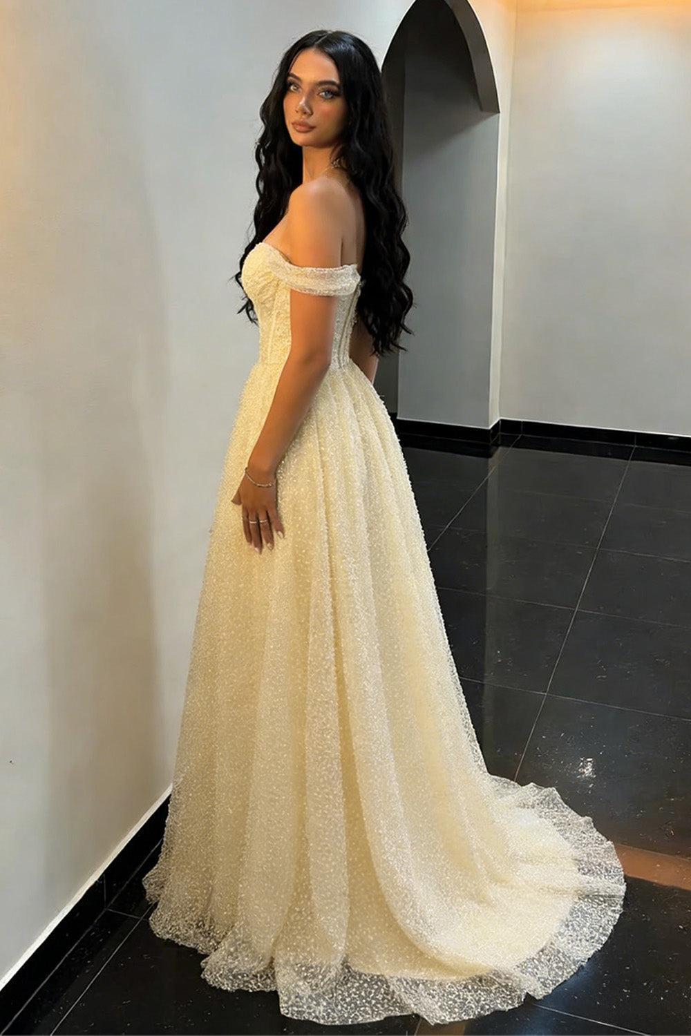 Suzhoufashion Off Shoulder Light Yellow Prom Gown With Glitter Pearls Tulle Skirt Formal Evening Gown