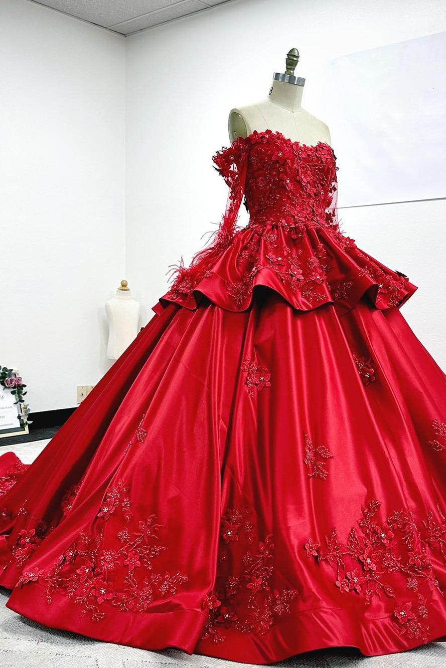 Luxury Off Shoulder Long Sleeves Flowers Lace Appliques Red Satin Quinceanera Dress For Sweet 16