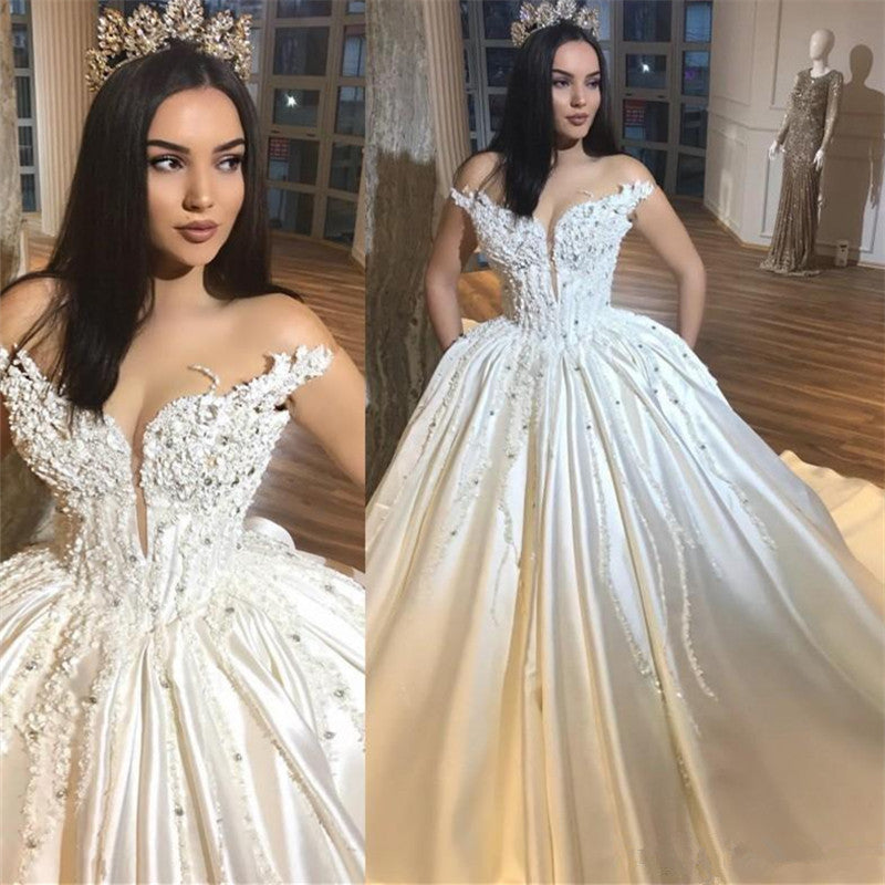 Luxury Off The Shoulder Royal Wedding Dresses Sexy | Beads Appliques Puffy Satin Wedding Dress