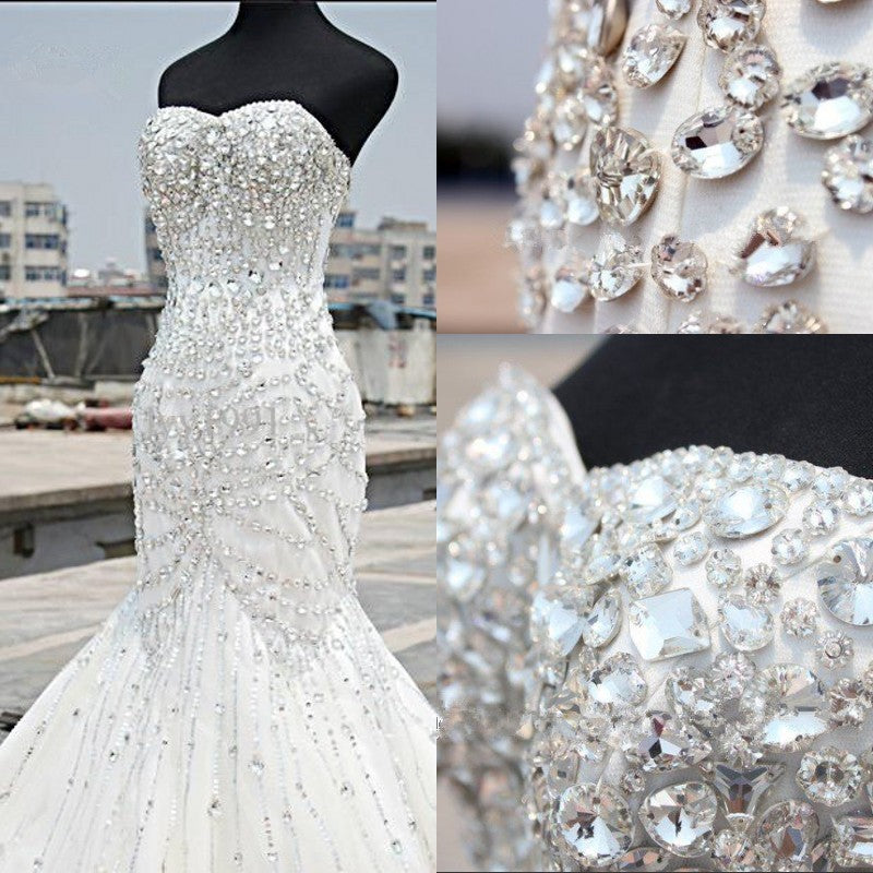 Luxury Silver Crystal Wedding Dresses  Beading Sweetheart Mermaid Sparkly Bridal Gowns
