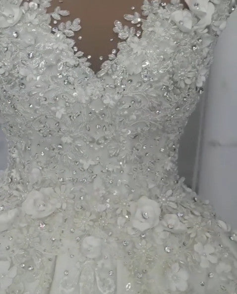 Luxury Sleeveless Crystal Wedding Dresses | Sheer Tulle Flowers Bridal Gowns with Beading BC0708