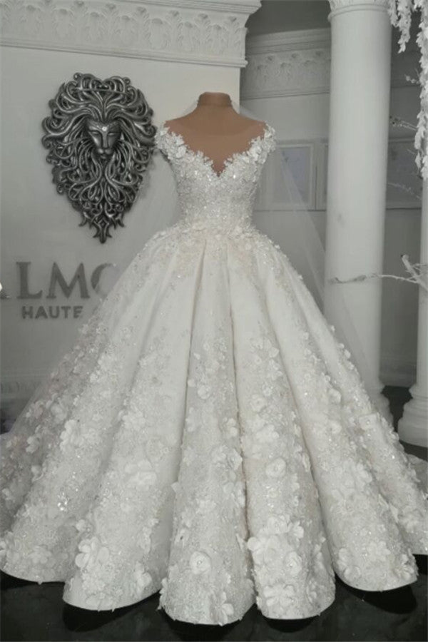 Luxury Sleeveless Crystal Wedding Dresses | Sheer Tulle Flowers Bridal Gowns with Beading BC0708