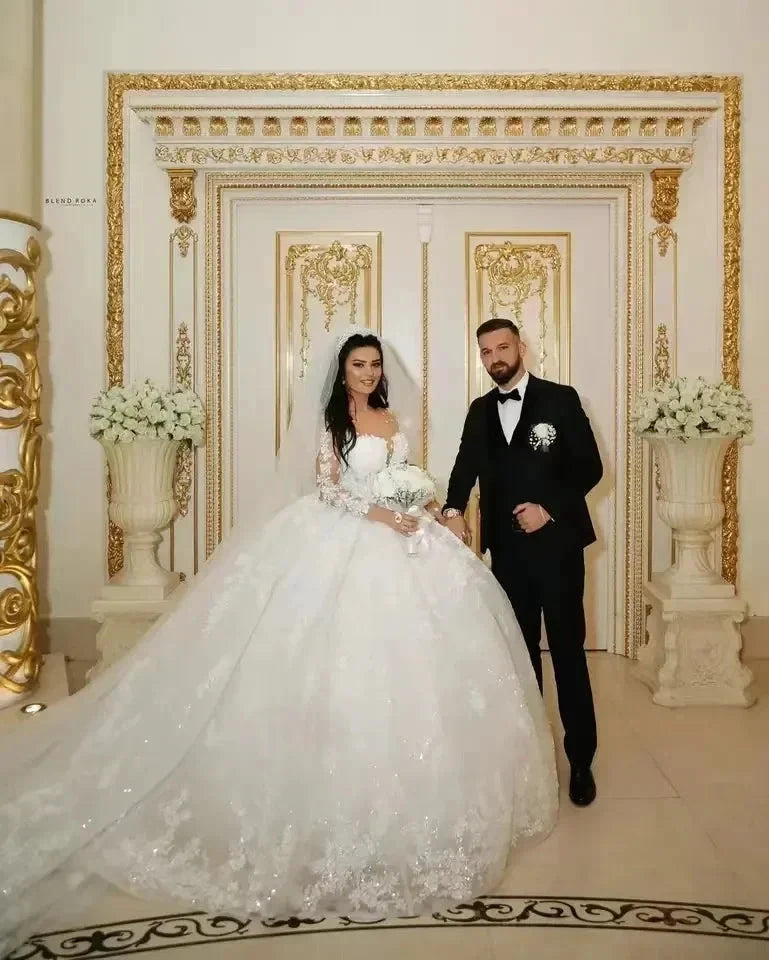 Luxury Sparkly Wedding Dresses 2024 Sheer Neck Glitter Sequins Long Sleeves Lace Applique Elegant Bridal Gowns Vestido De Novia (ZD14115)