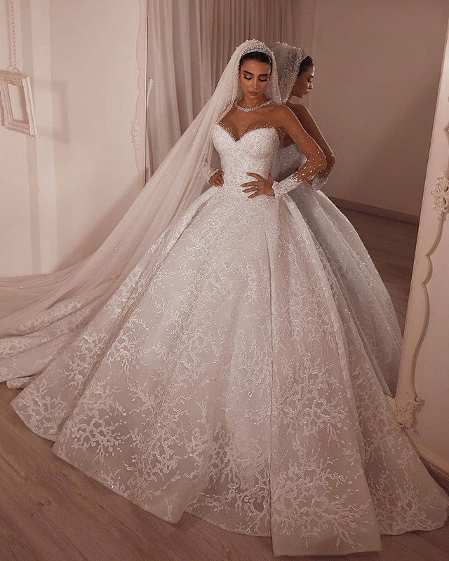 Luxury Strapless Beading Appliques Wedding Dresses | Lace Sheer Tulle Bridal Dresses
