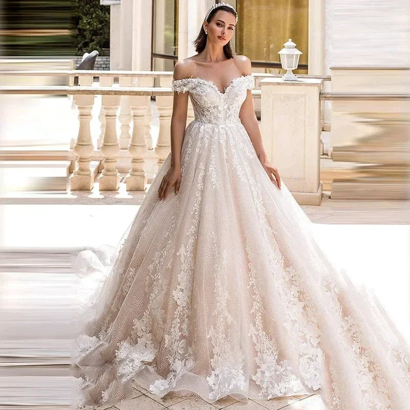 Luxury Sweetheart Ball Gown Wedding Dresses Lace Appliques Off the Shoulder Vestido Novia Backless Custom Plus Size Bride Dress by payinti