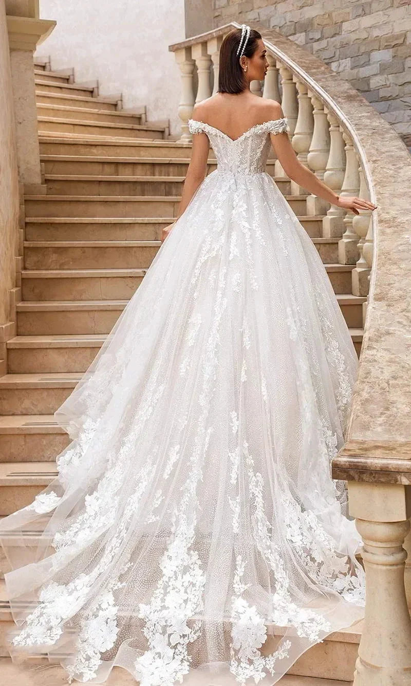 Luxury Sweetheart Ball Gown Wedding Dresses Lace Appliques Off the Shoulder Vestido Novia Backless Custom Plus Size Bride Dress (ZD14111)