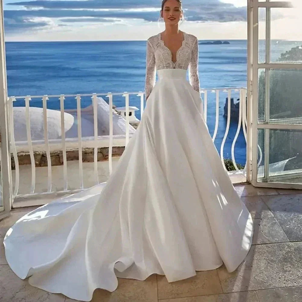 Luxury Wedding Dress For Women 2024 Modern V-neck Full Sleeves Illusion Tulle Bridal Gown A-Line Button Backless Robe (ZD13547)