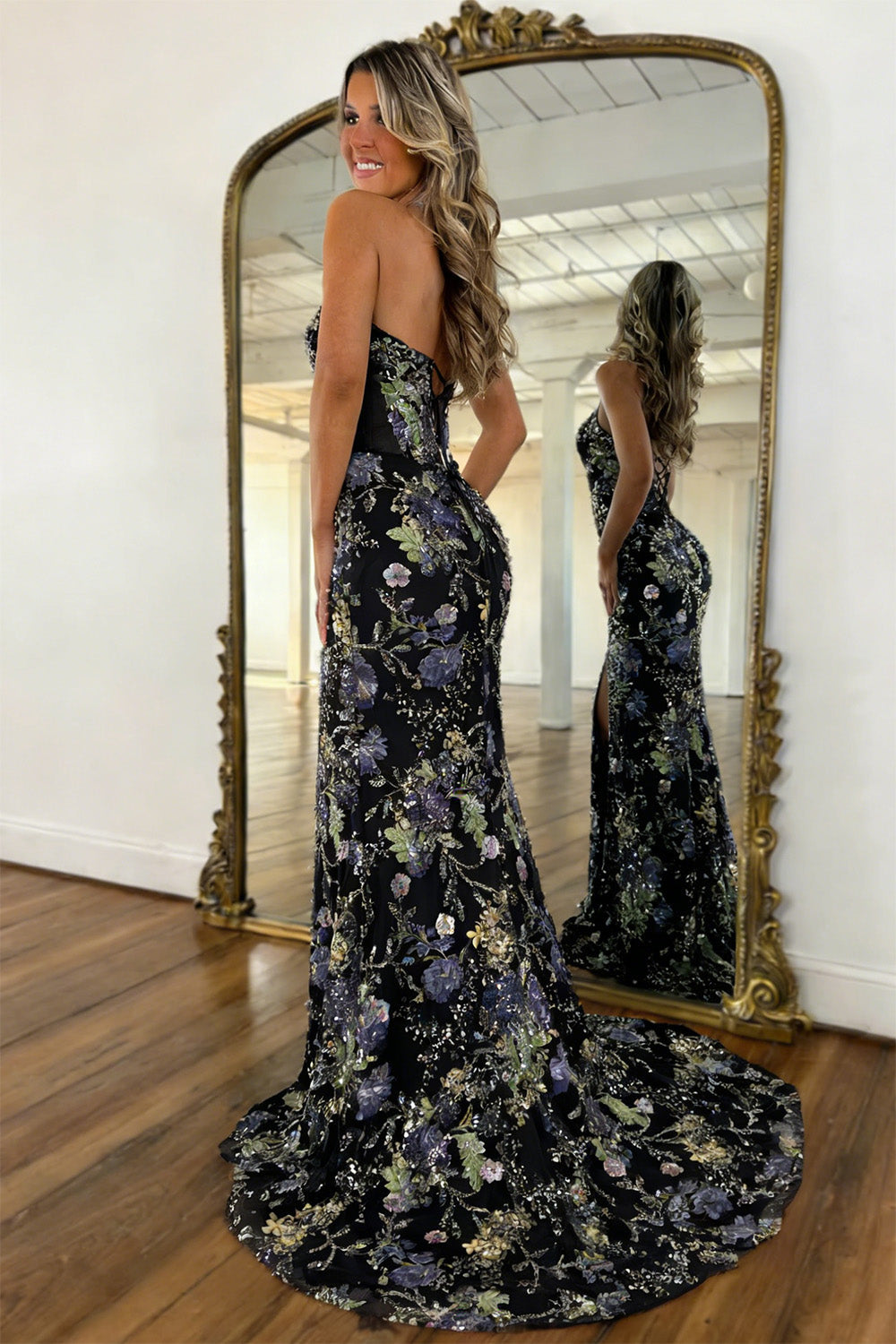Fashionable Mermaid Spaghetti Straps  Black Floral Lace Up Sequin Prom Dress