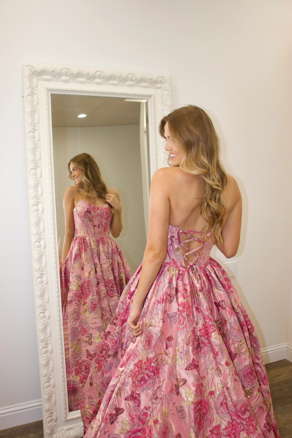 Charming A Line Strapless Pink Floral Prom Ball Gown with Printed