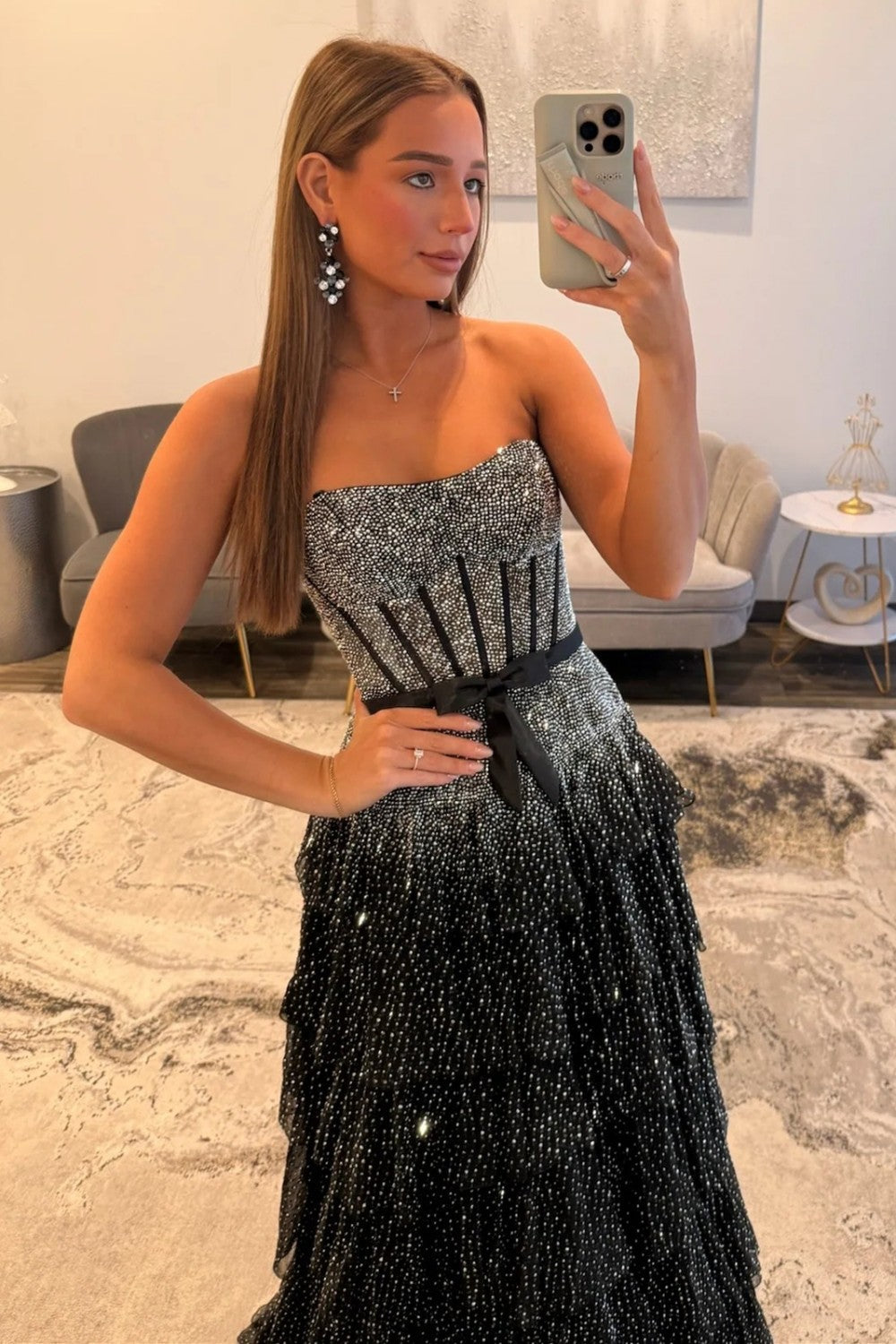 Sparkly A Line Strapless Black Corset Prom Dress with Beading Ruffles