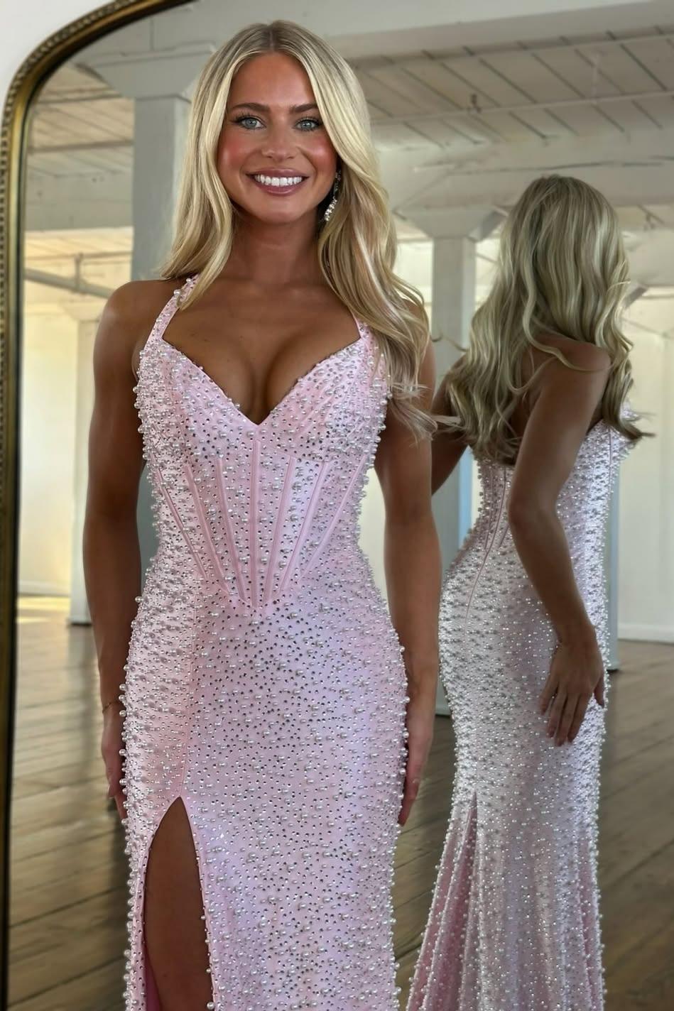 Luxury Mermaid Halter Neck Pink Corset Prom Dress with Pearls and Slit