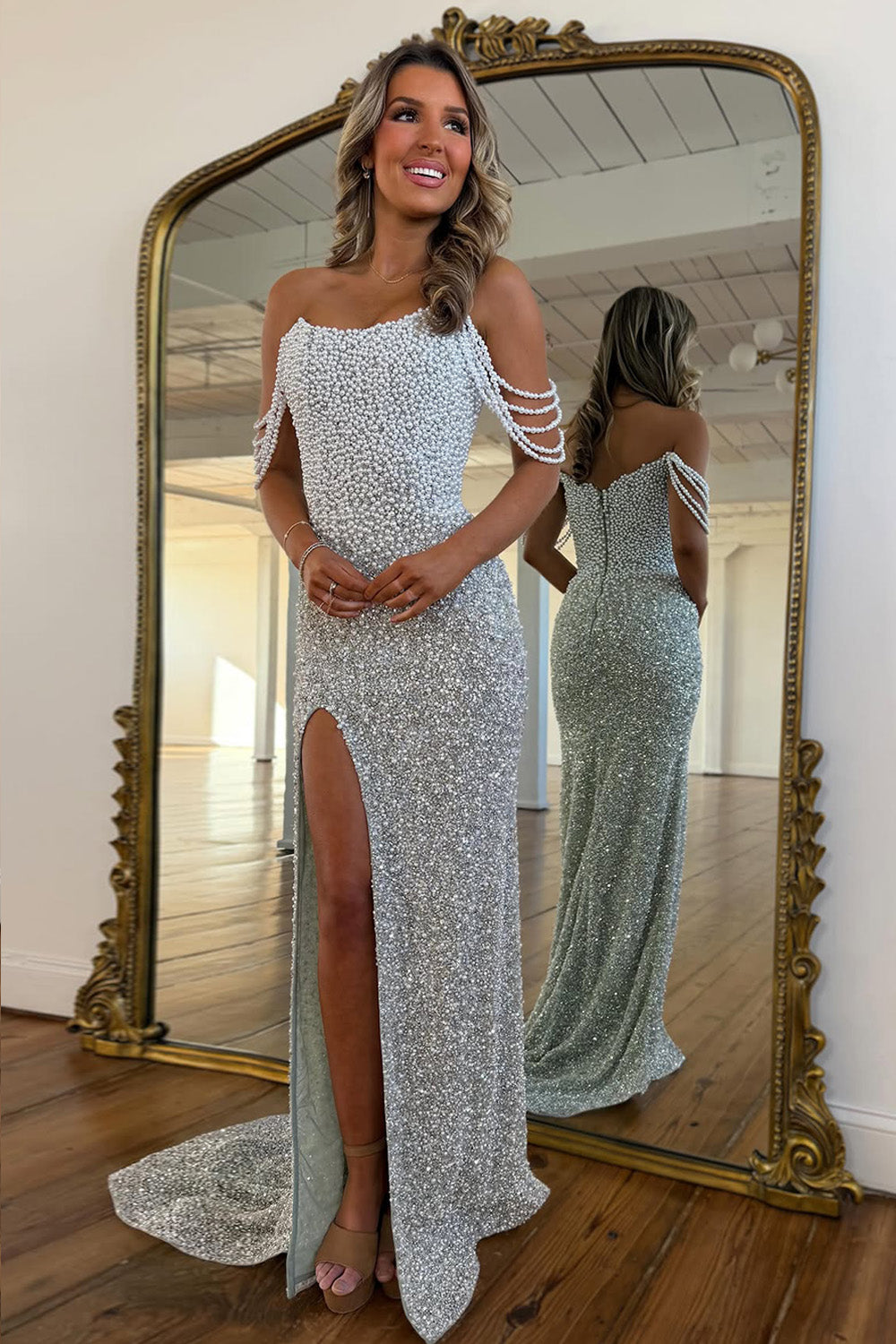 Luxurious Mermaid Off Shoulder Silver Pearl Embellished Prom Gown with Train - VelvetHem