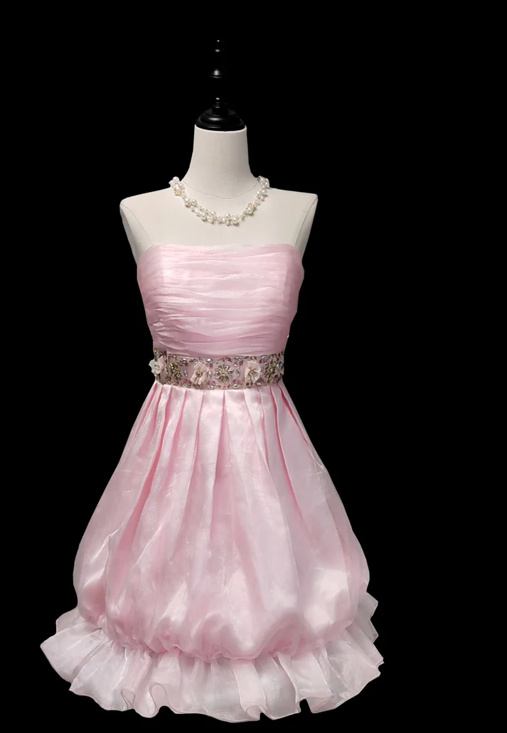 Unique Pink Strapless Tulle Beaded A Line Short Homecoming Dress 16th Birthday Outfits - VelvetHem