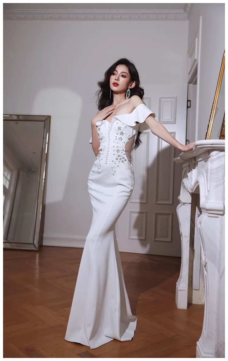 Elegant Off The Shoulder White Satin Appliques Mermaid Evening Dress Long Wedding Guest Dress - View 4 | VelvetHem