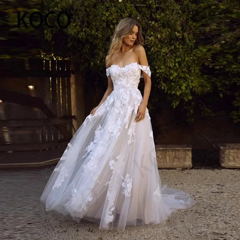 MACDOUGAL Boho Wedding Dress off The Shoulder Vintage Lace Appliques Bride Dresses Vestido De Novia Custom Made For Women (ZD14269)