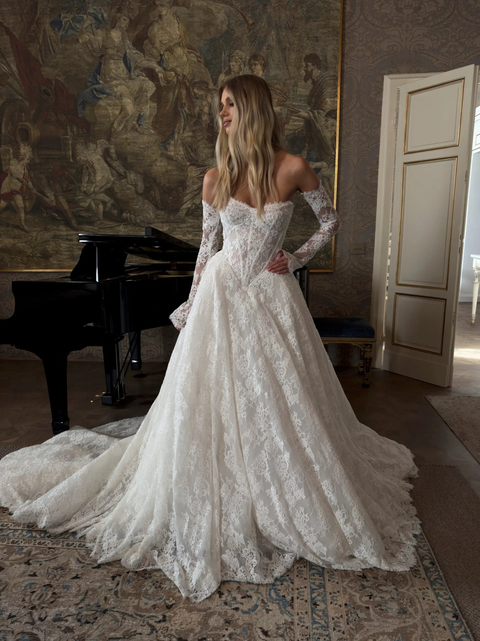 Elegant White Off-the-Shoulder Long Sleeve Lace Corset Wedding Dress ZP096