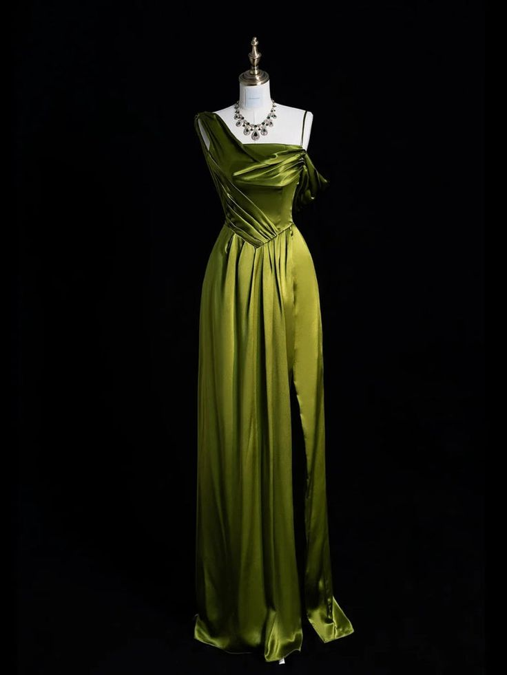 Lovely Green Satin One Shoulder Prom Dress A-line Slit Party Dress - VelvetHem