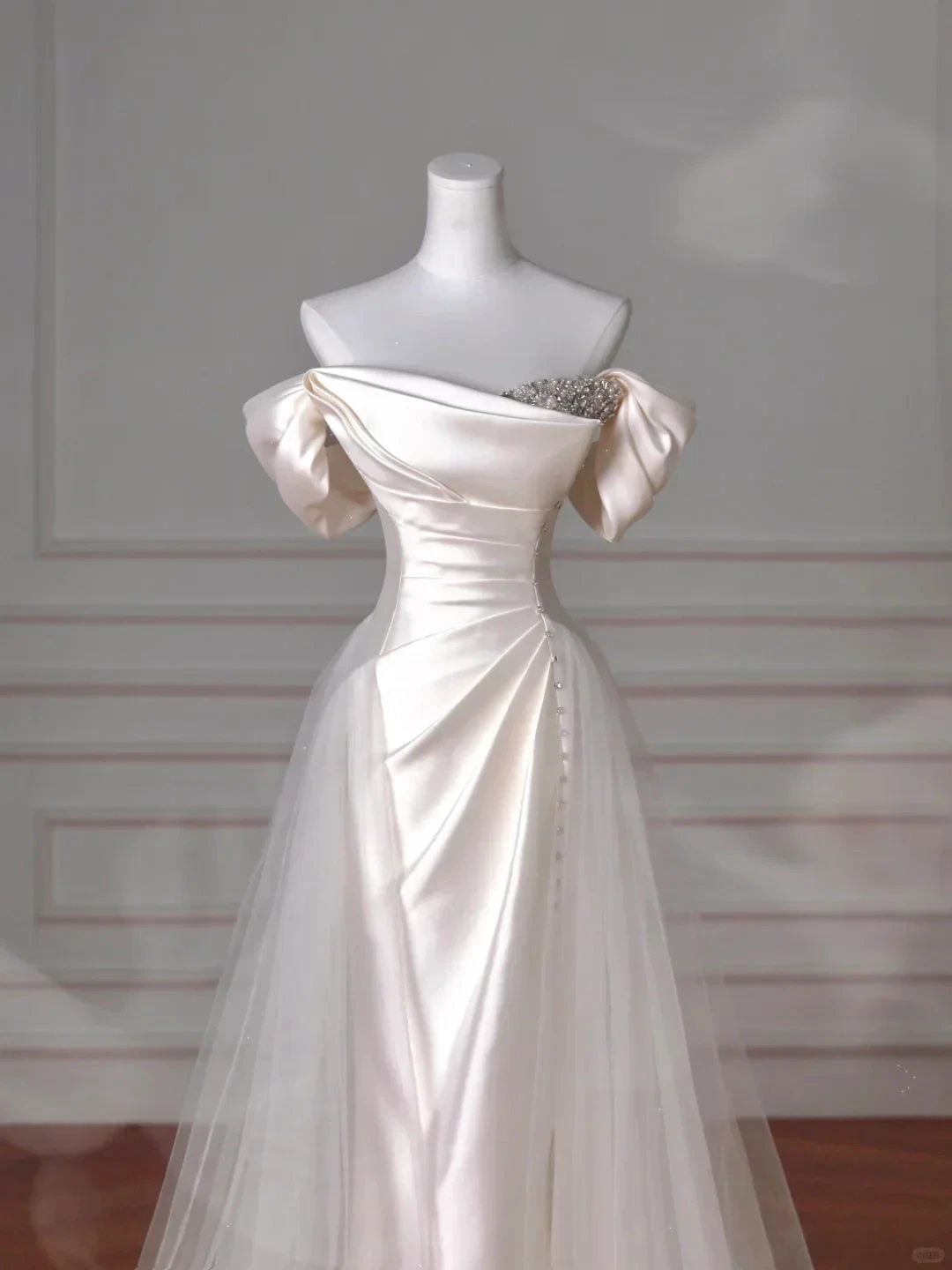 Elegant White off The Shoulder Satin Beaded Mermaid Evening Dress,Formal Prom Dress Wedding Dress (ZD13757)