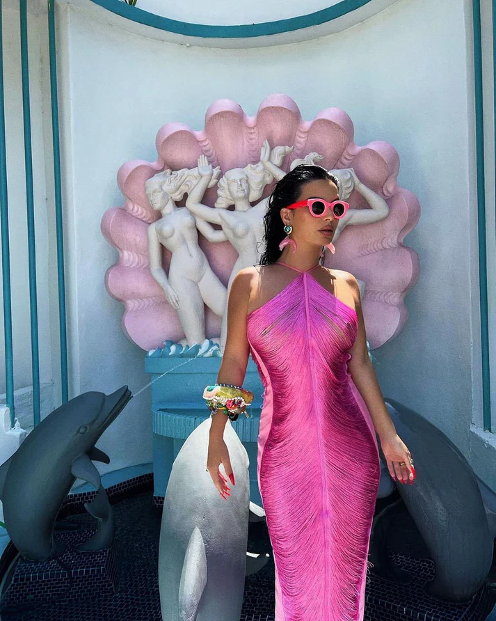 Classy Hot Pink Halter Satin Backless Prom Evening Dress,Slit Party Gown - View 6 | VelvetHem