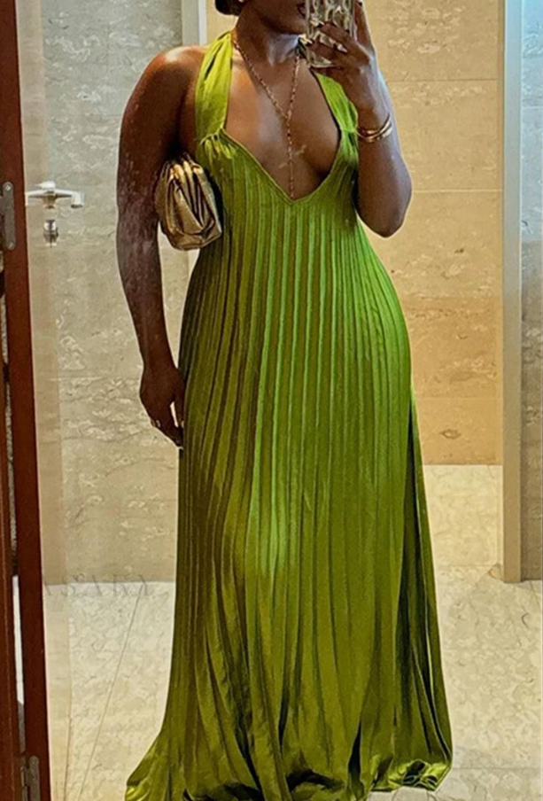 Unique Halter V Neck Pleated Floor Length Green Prom Dress,Party Evening Dress - VelvetHem