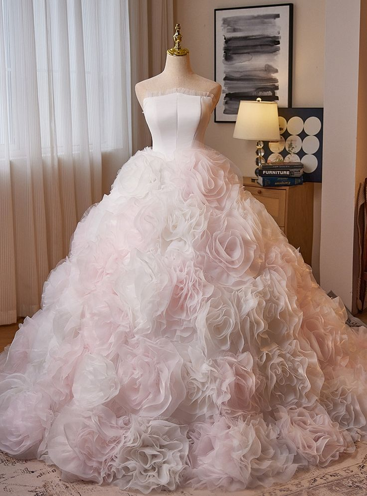 Gorgeous Tulle Rose Flower Strapless Quinceanera Dress Sweet 16 Ball Gown - VelvetHem