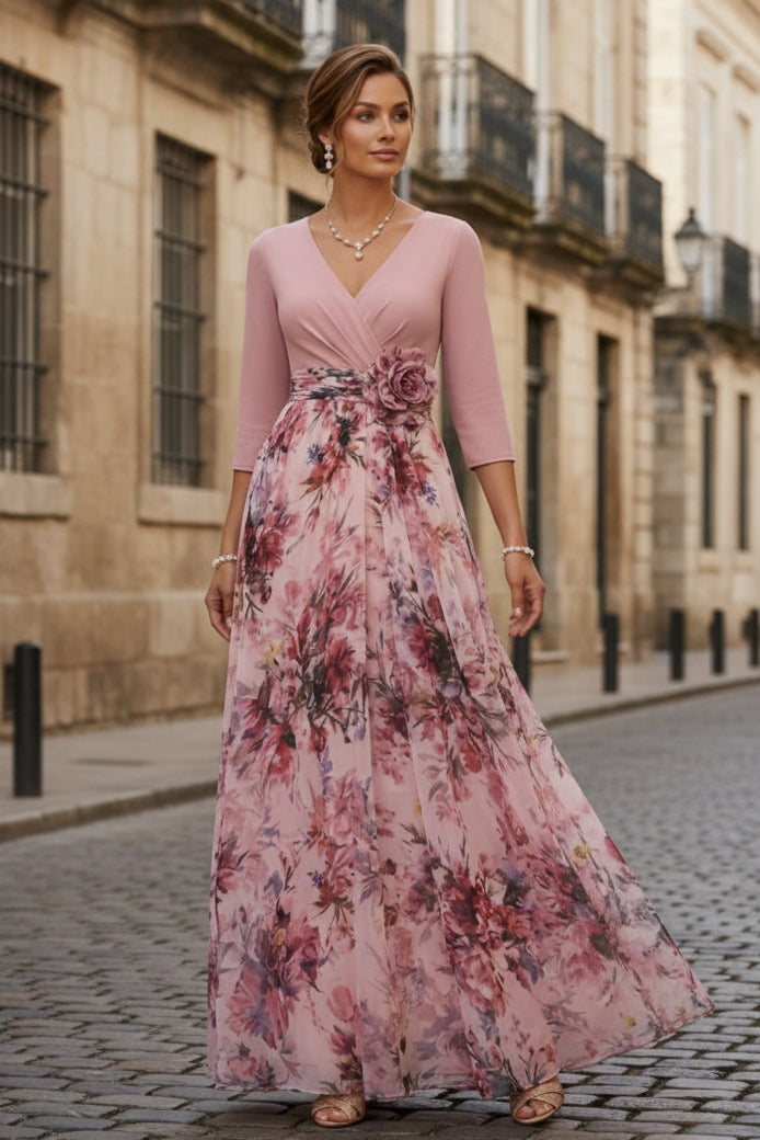 3/4 SleevesV-Neck Elastic Floral Chiffon Mother of the Bride Dresses with 3D Flower