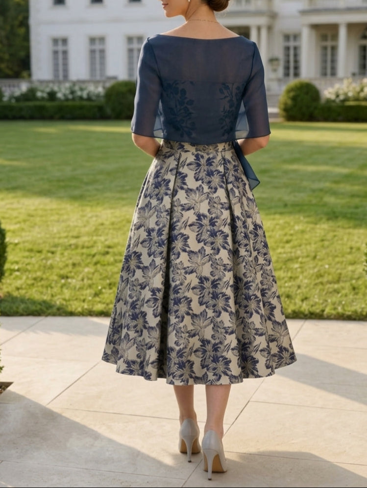 Sleeveles Strapless Tea Length Mother of the Bride Dresses with Wrap Floral