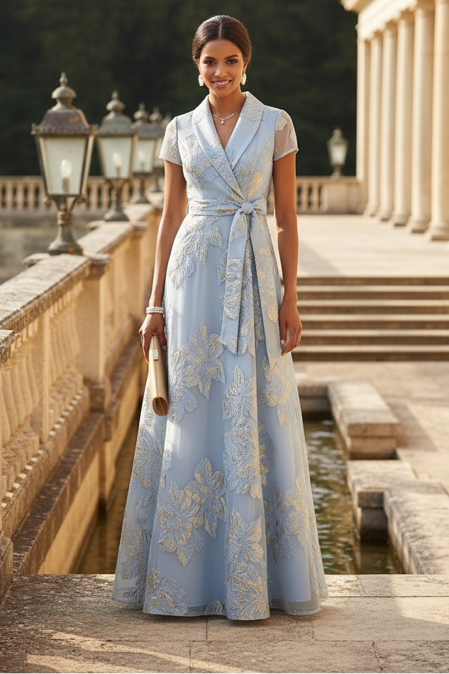 A-Line/Princess V-Neck Jacquard Mother of the Bride Dresses Short Sleeves Floral Floor-Length Bowknot Belt
