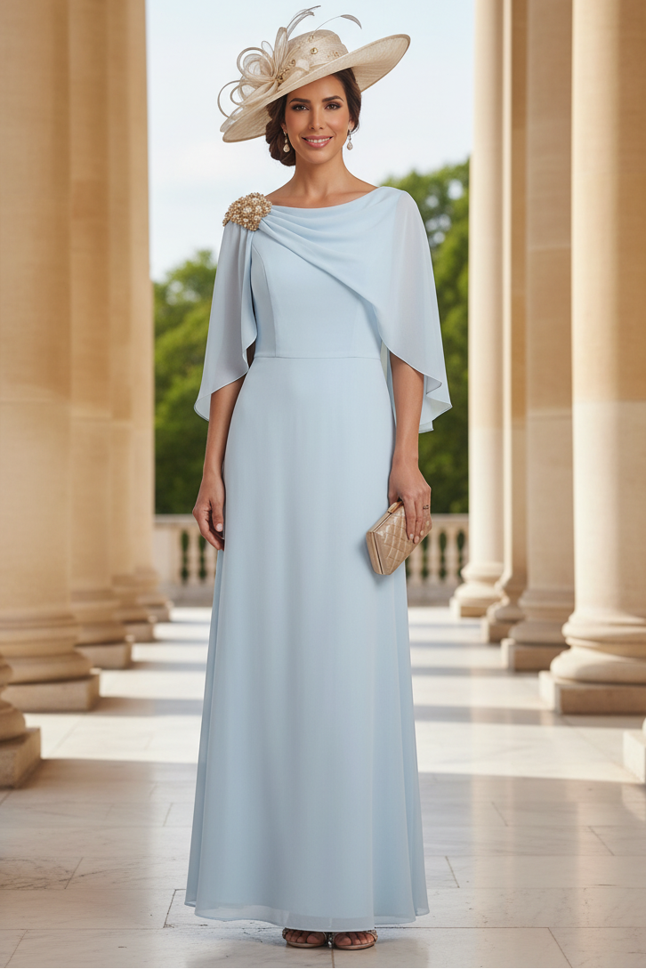 A-Line/Princess Boat Neck Chiffon Mother of the Bride Dresses Cape Sleeves Ankle-Length Rhinestone