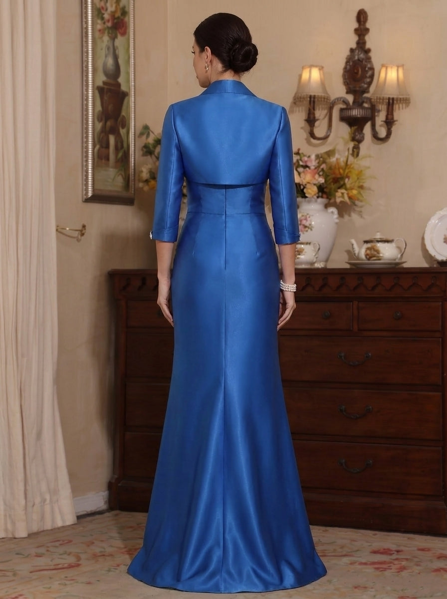 Trumpet/Mermaid Shirt Collar Satin Mother of The Bride Dresses with Jacket 3/4 Sleeves Ruched Rhinestone Floor-Length