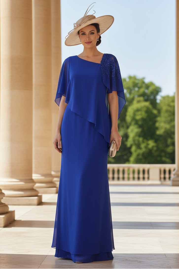 Sheath/Column Chiffon Asymmetrical Neck Mother of the Bride Dresses Floor-Length Short Sleeves