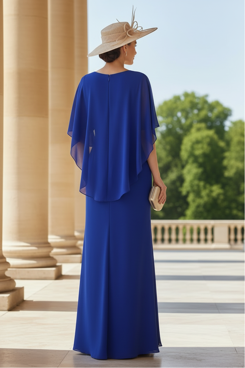 Sheath/Column Chiffon Asymmetrical Neck Mother of the Bride Dresses Floor-Length Short Sleeves