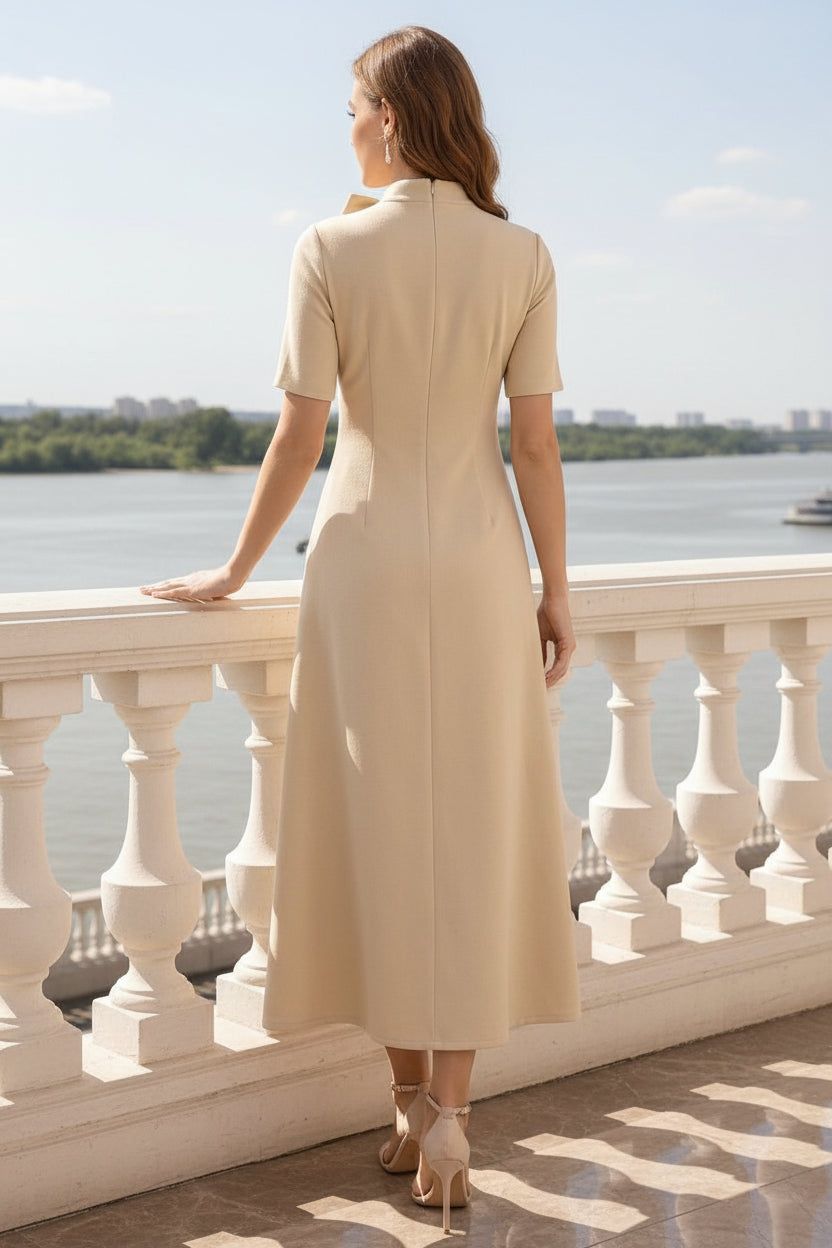 A-Line Mock Neck Stretch Satin Mother of the Bride Dress