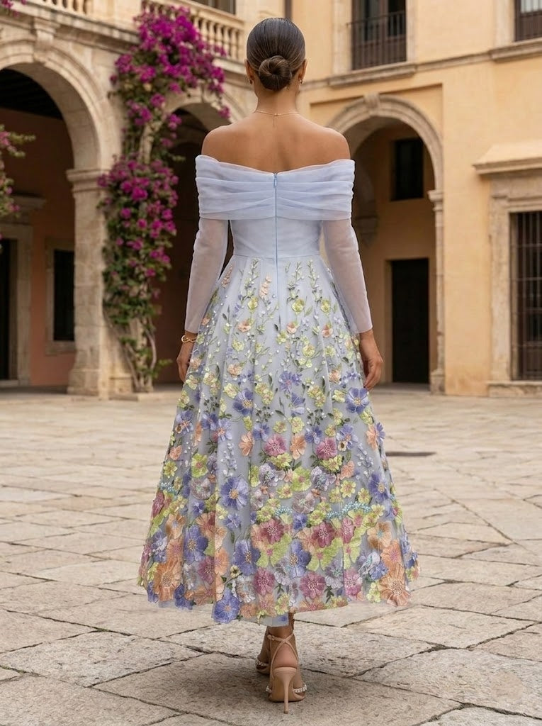 Floral A-Line Off-the-Shoulder Cocktail Dresses Long Sleeves Dresses
