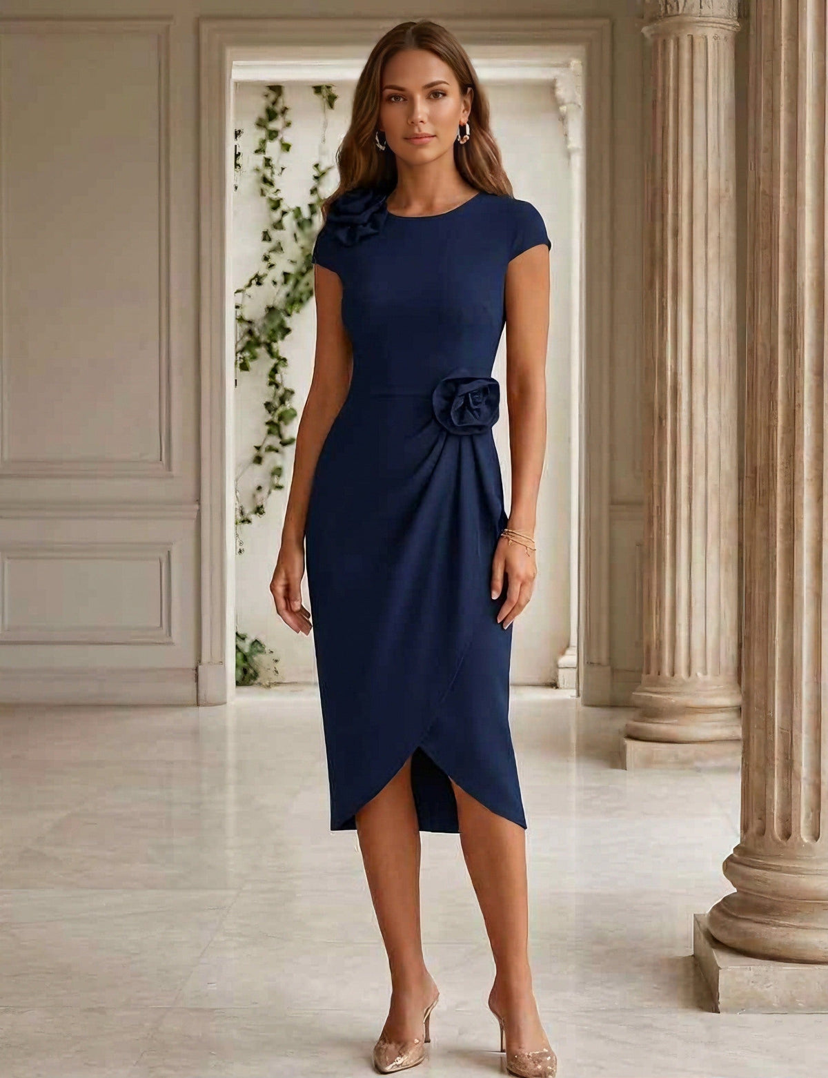 3D Flower Short Sleeves Sheath Stretch Satin Cocktail Dresses Tea-Length