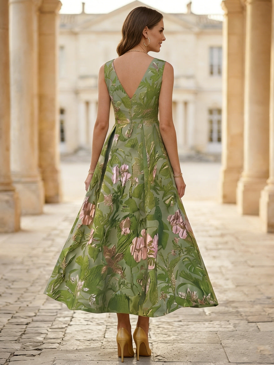 A-Line Cocktail Dresses with 3D Flower Tea-Length Sleeveless Floral Dresses